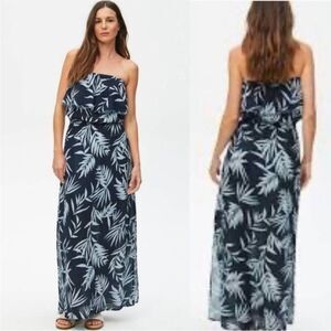 Michael Stars Navy and White Strapless Leaf-Print Maxi Dress